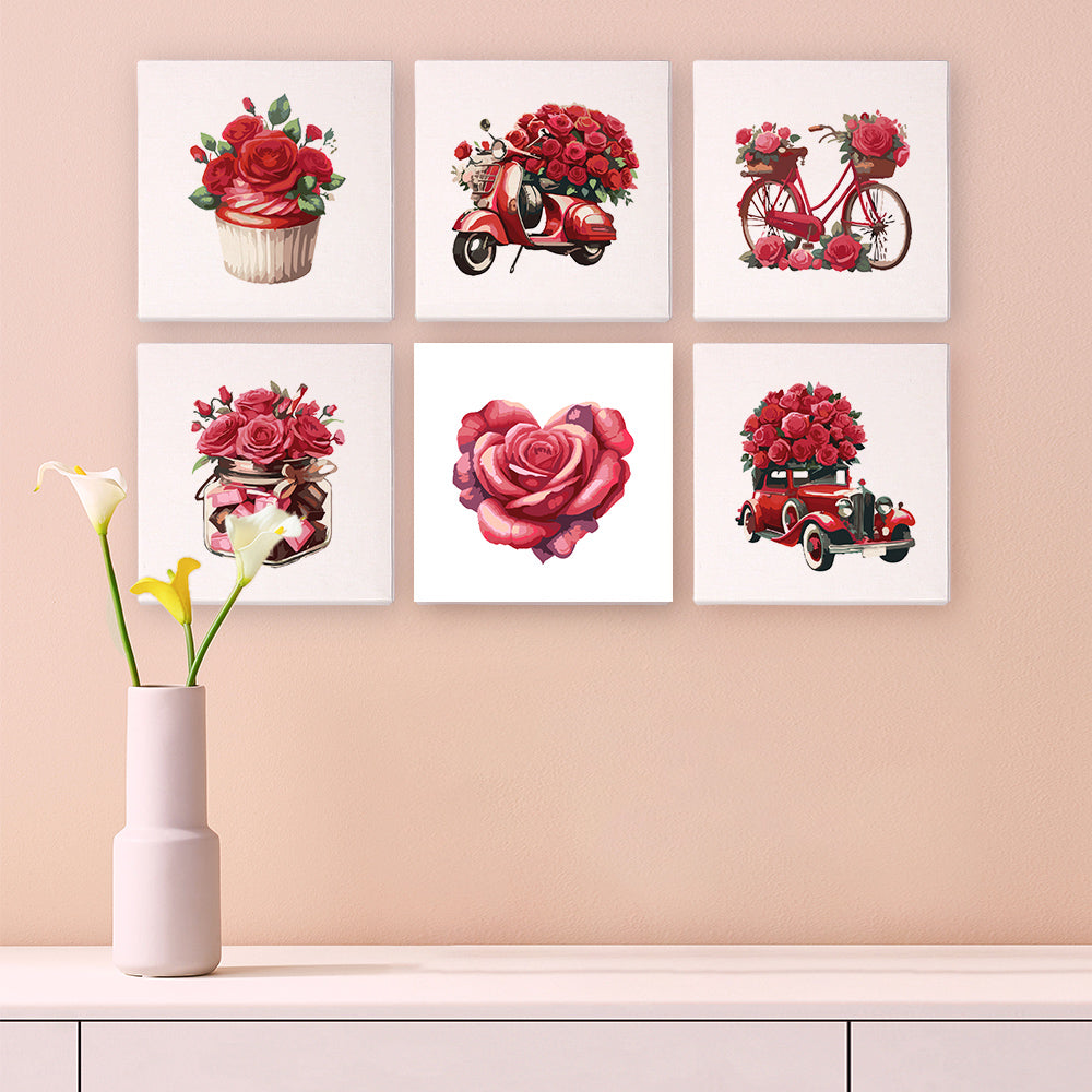 Mini Malen nach Zahlen Serie 'rote Rose' - 6-in-1 Set (6"x6" / 15x15cm)